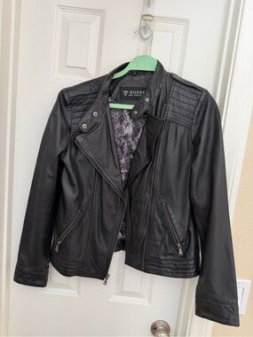 Guess Women's Black Quilted-Shoulder Moto-Style Leather Jacket